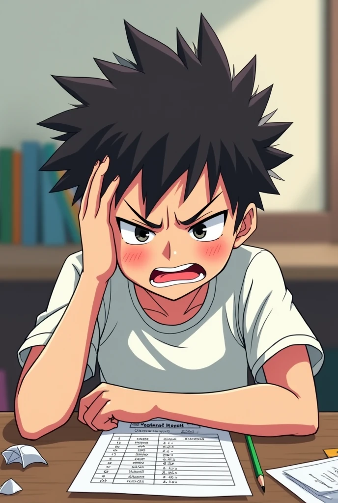 Bad test results, it says "retake", Gaaah, dejected boy, (anime manga cartoon illustration)-style