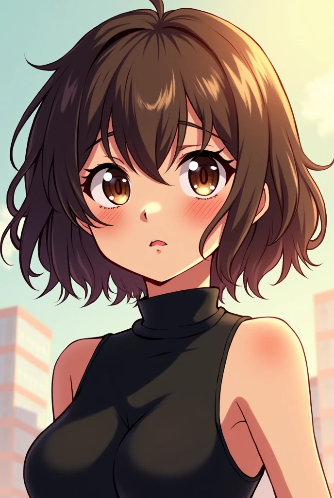 (my hero academia art style), 1 girl, short fluffy brown hair, hazel eyes, slightly tired eyes, soft face, black sleeveless turtleneck