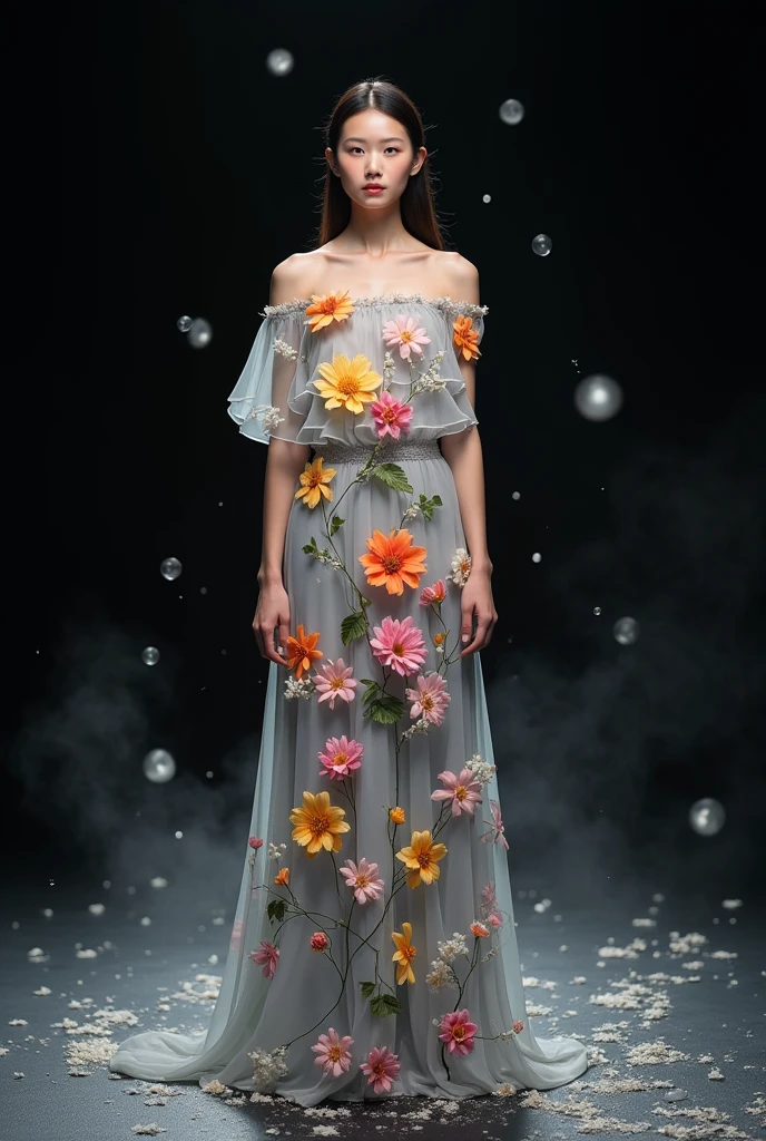 happy summer fashion design by vera wang with colourful flowers in soft grey colours and floral, wore by japanese female model, black void background, soft silver particles, smokes and nice lighting, UHD, HDR, 8k, Masterpiece, realistic, hyper realistic. catwalk, facing straight to camera.