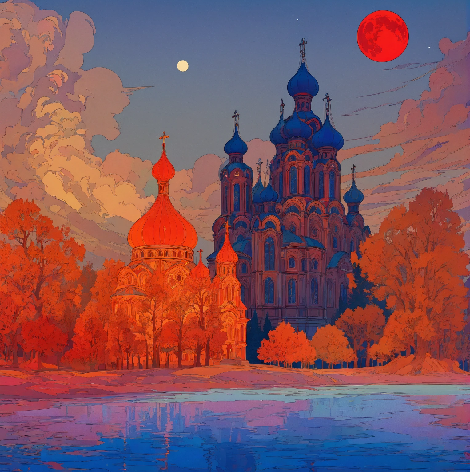 A dramatic Orthodox church against a night sky with a large red moon, inspired by the Slavic epic illustrations of Ivan Bilibin, the luminous architectural paintings of Igor Grabar and the ornate art nouveau designs of Alphonse Mucha, with the intricate details and grand scale of Yuri Ivanovich Pimenov's Cathedral of the Sun and the fantastical digital art of Beeple, all in the distinctive style of Alexander Deineka and Andrey Esionov, with an precisely composed, photorealistic rendering.structure