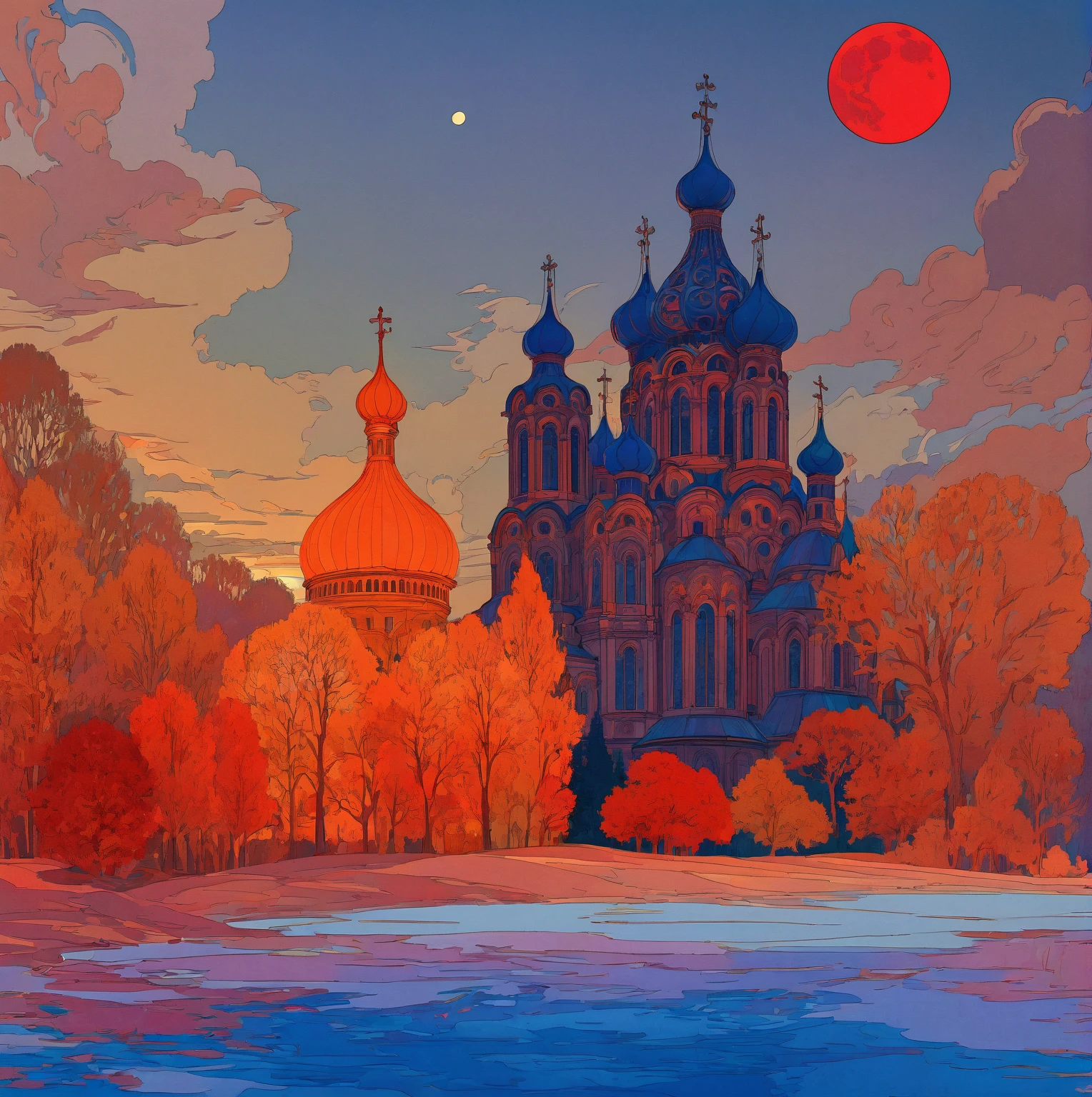 A dramatic Orthodox church against a night sky with a large red moon, inspired by the Slavic epic illustrations of Ivan Bilibin, the luminous architectural paintings of Igor Grabar and the ornate art nouveau designs of Alphonse Mucha, with the intricate details and grand scale of Yuri Ivanovich Pimenov's Cathedral of the Sun and the fantastical digital art of Beeple, all in the distinctive style of Alexander Deineka and Andrey Esionov, with an precisely composed, photorealistic rendering.structure