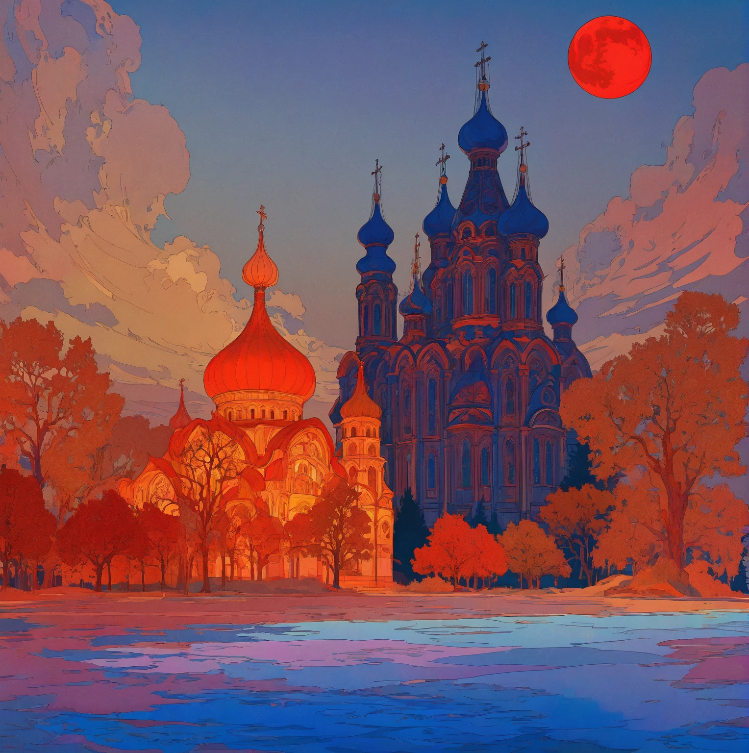 A dramatic Orthodox church against a night sky with a large red moon, inspired by the Slavic epic illustrations of Ivan Bilibin, the luminous architectural paintings of Igor Grabar and the ornate art nouveau designs of Alphonse Mucha, with the intricate details and grand scale of Yuri Ivanovich Pimenov's Cathedral of the Sun and the fantastical digital art of Beeple, all in the distinctive style of Alexander Deineka and Andrey Esionov, with an precisely composed, photorealistic rendering.structure