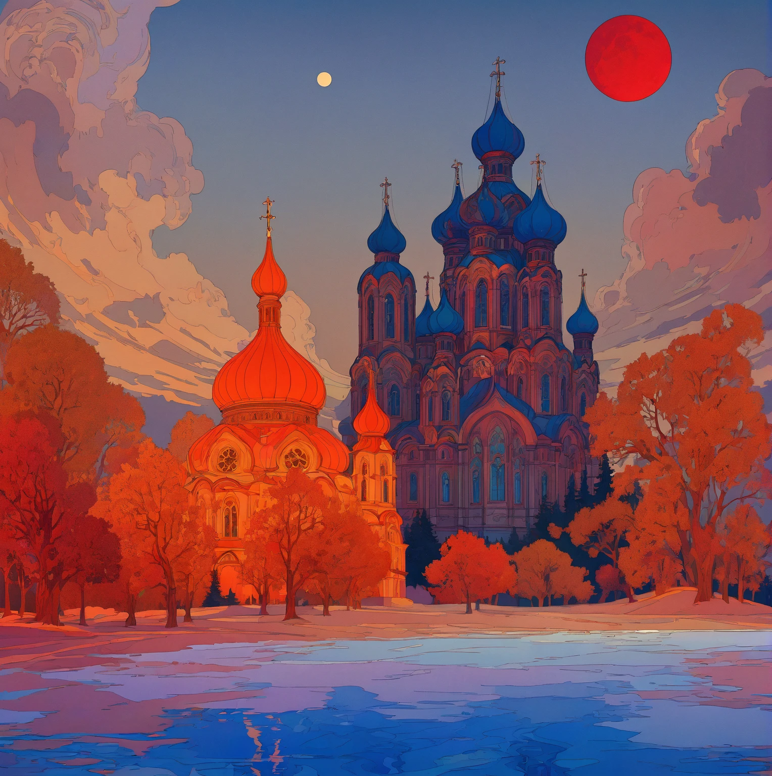 A dramatic Orthodox church against a night sky with a large red moon, inspired by the Slavic epic illustrations of Ivan Bilibin, the luminous architectural paintings of Igor Grabar and the ornate art nouveau designs of Alphonse Mucha, with the intricate details and grand scale of Yuri Ivanovich Pimenov's Cathedral of the Sun and the fantastical digital art of Beeple, all in the distinctive style of Alexander Deineka and Andrey Esionov, with an precisely composed, photorealistic rendering.structure