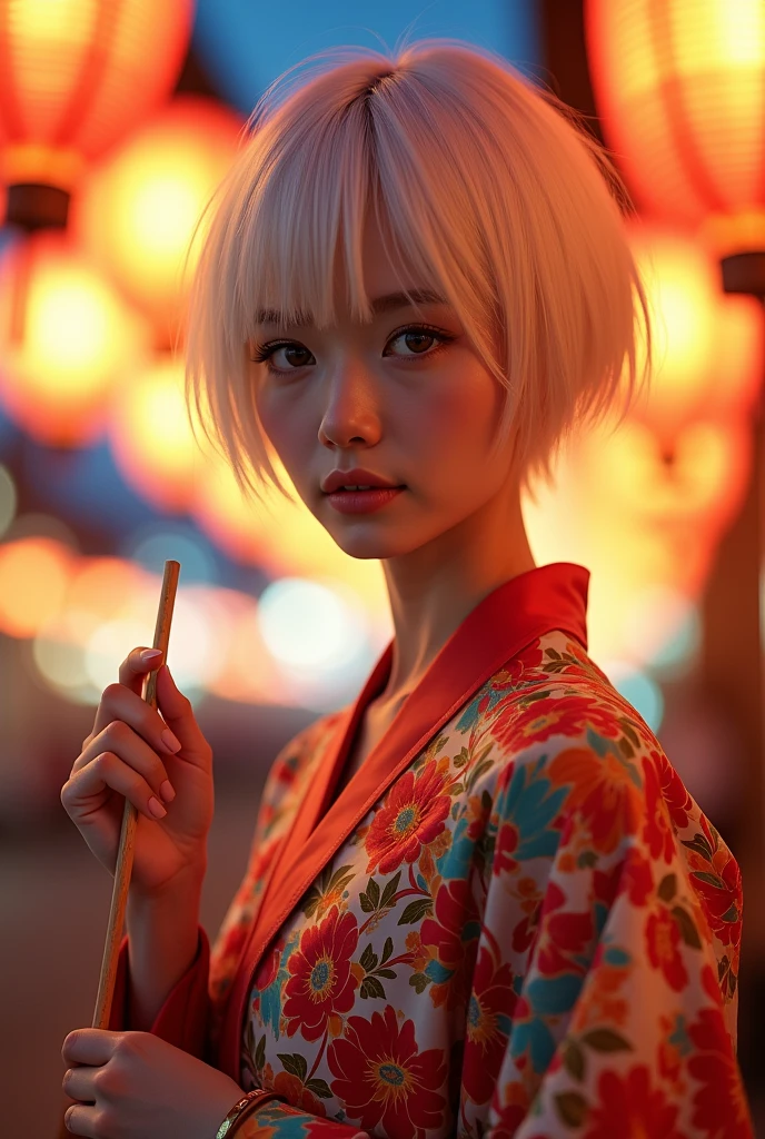 "A close-up of a young woman with short white hair, wearing a colorful kimono with glowing floral patterns. She is standing in a night festival setting, with warm, glowing lanterns hanging around. The background is slightly blurred with soft bokeh lights, creating a dreamy and serene atmosphere. The woman is smiling gently, holding a small stick in her hand, and the lighting accentuates her delicate features