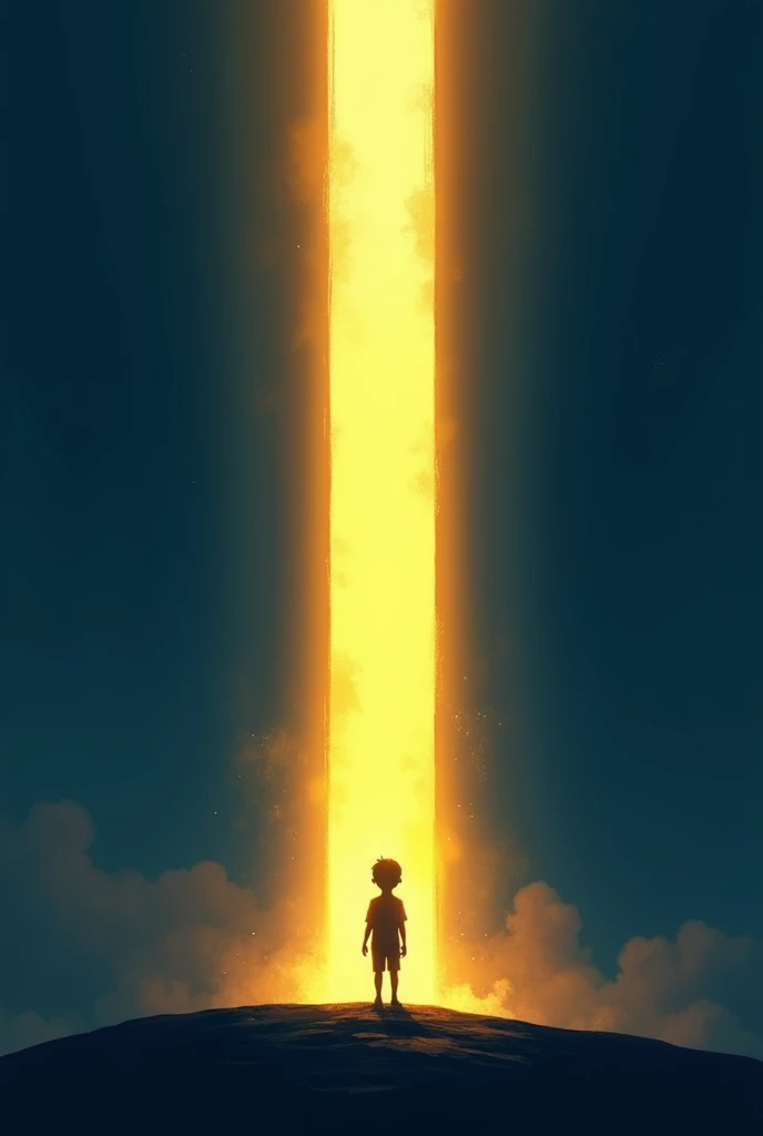 "Create a logo with a boy standing at the base of a tall, glowing light or pillar, looking up towards it with hope and determination. The light should shine brightly, symbolizing guidance, resilience, and the path forward. The boy’s silhouette can be simple and stylized, emphasizing his connection to the light as a source of strength. Use a color scheme that contrasts the dark ground with the bright light, such as deep indigo and golden yellow, to convey the transition from loneliness to empowerment."