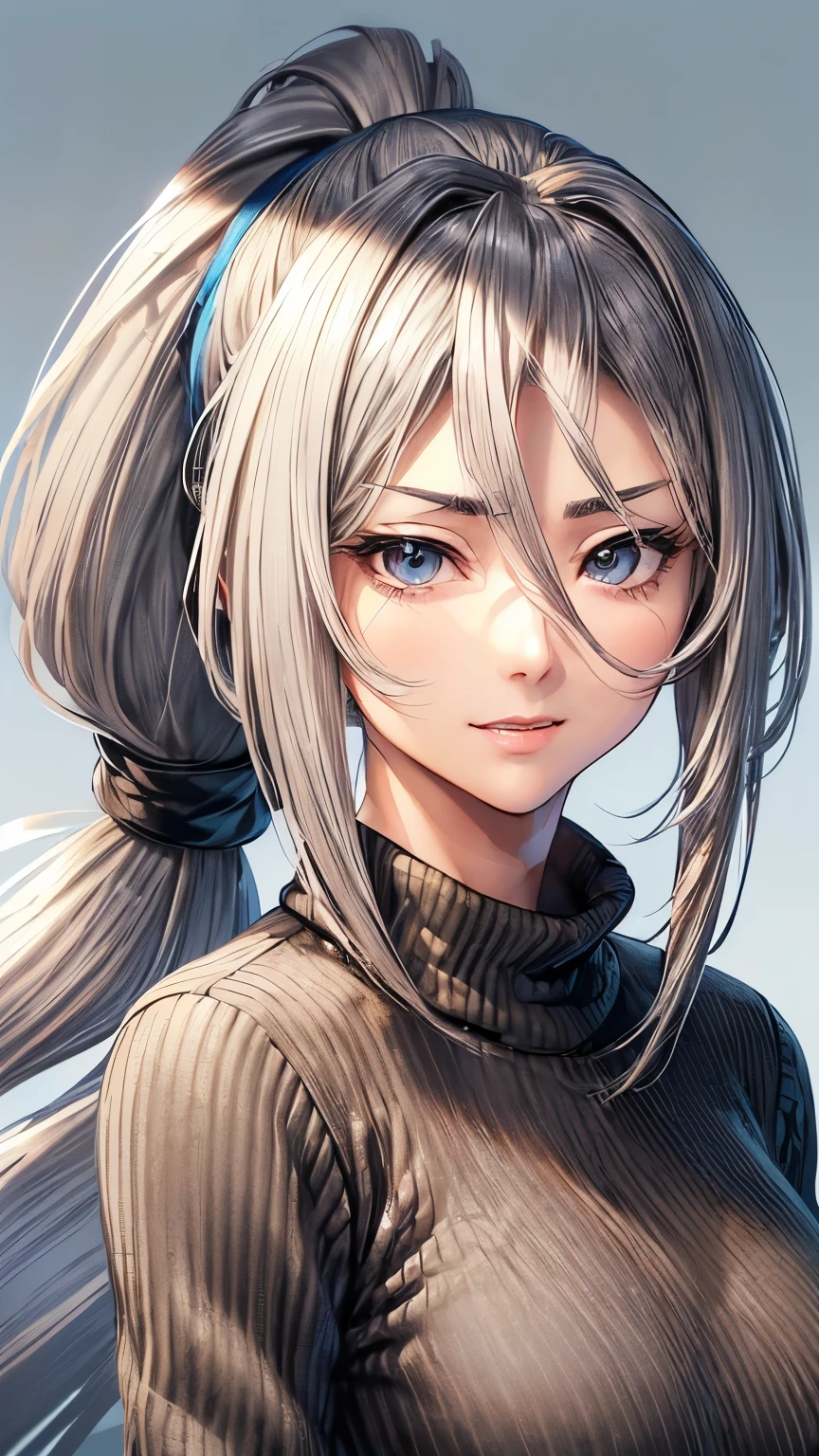 A  Japanese fresh and  mature lady ((small breast , slender)), grayish blonde highlight long hair((ponytail, extremely smooth wavy, shaggy forelock:1.5)),(( jet black sweater )),((big round droopy blue eyes)), gentle and calm smile((a little bit opened mouth )), mature face, gentle and  mature atmosphere, noble posing,(( looking back pose )) ,(( face focus:1.4)),((best quality))