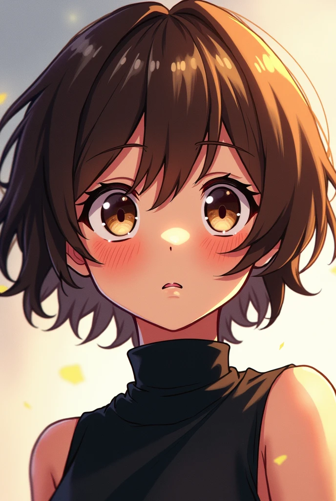 (my hero academia art style), 1 girl, short fluffy brown hair, hazel eyes, slightly tired eyes, soft face, black sleeveless turtleneck