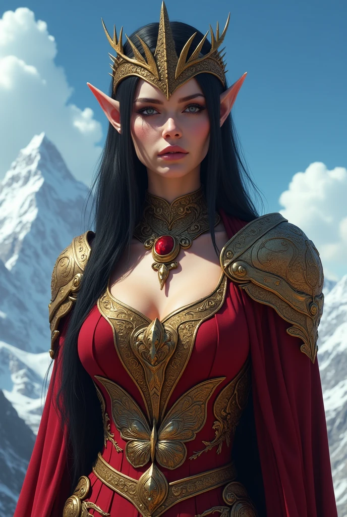 A powerful and regal woman stands tall against a clear, blue sky. She has long, dark hair flowing gracefully behind her, and her pointed ears hint at a mystical or elven heritage. Her attire is a combination of armor and elegant, royal garments, primarily in deep red and gold. She wears a golden crown-like headpiece that rests atop her head, adorned with intricate designs, matching the ornate choker around her neck. Her piercing eyes are accentuated by dark, dramatic makeup, and her expression is one of calm authority and confidence. The intricate armor plating on her shoulders and chest provides both protection and an air of royalty. A deep crimson pendant in the shape of a butterfly rests on her chest, symbolizing beauty intertwined with strength. The background shows a vast sky with distant, snowy mountains, adding to the epic and otherworldly feel of the scene.