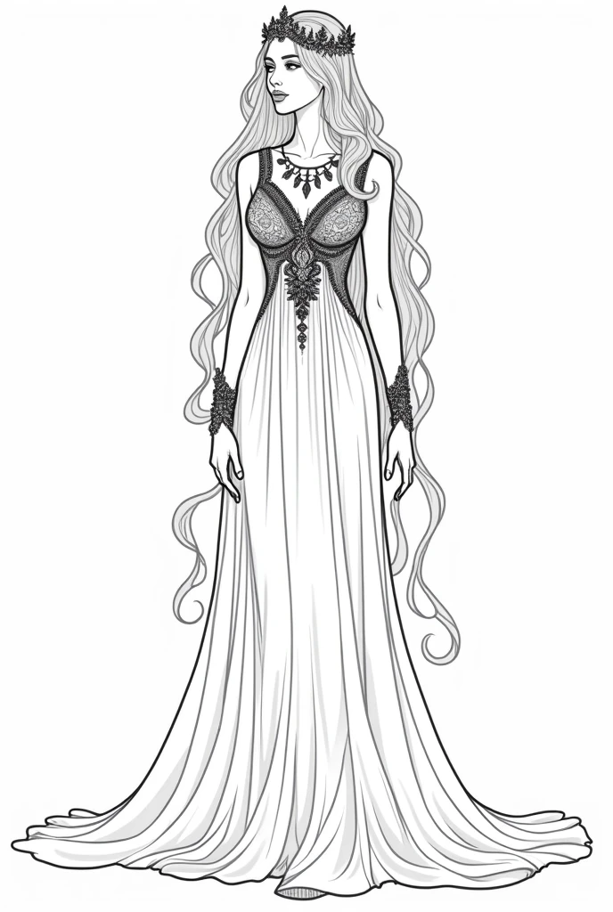 Queen of forest with long hair silk dress, arabian ornaments, clean line art, white background, colouring page, clean outline
