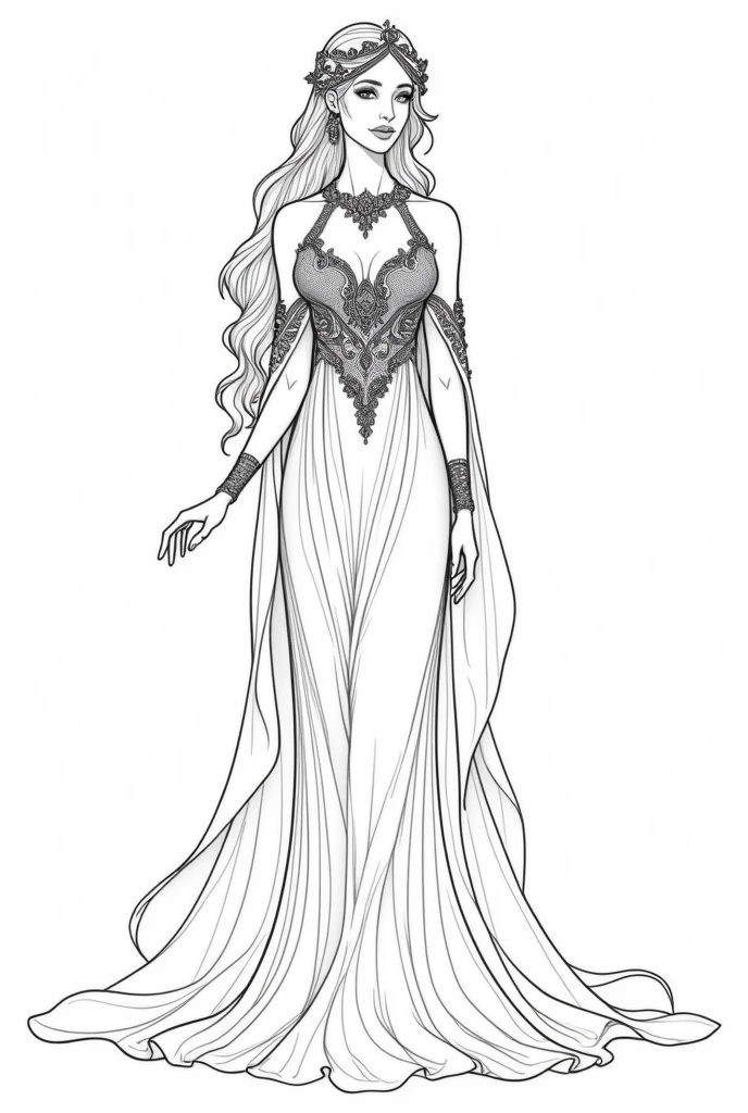 Queen of forest with long hair silk dress, arabian ornaments, clean line art, white background, colouring page, clean outline