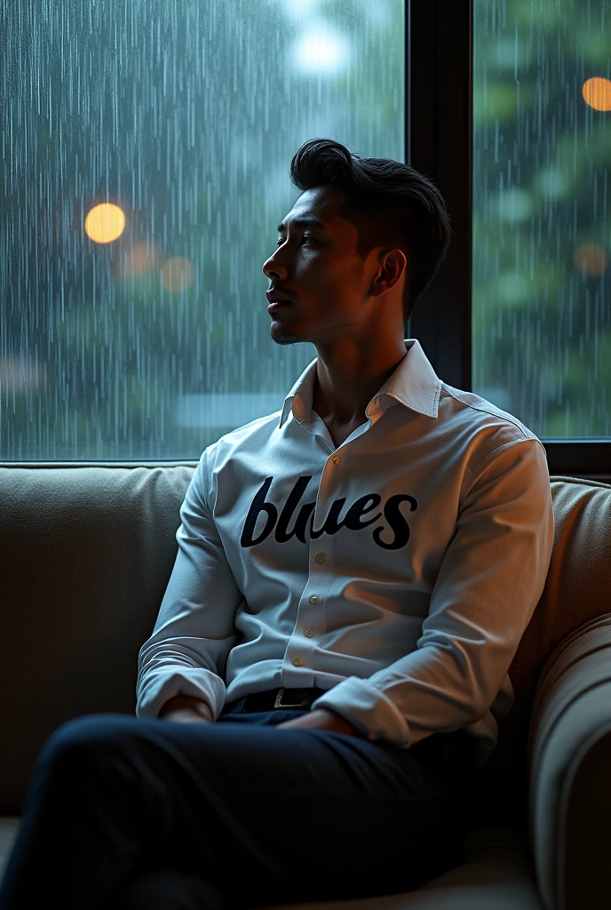 Elegant man, he is sitting on the couch and behind him the rain is falling on his window, focus a lot on the rain falling on the window, He is wearing a shirt that says BLUES on the chest and on the shirt is a Gibson Les Paul electric guitar.