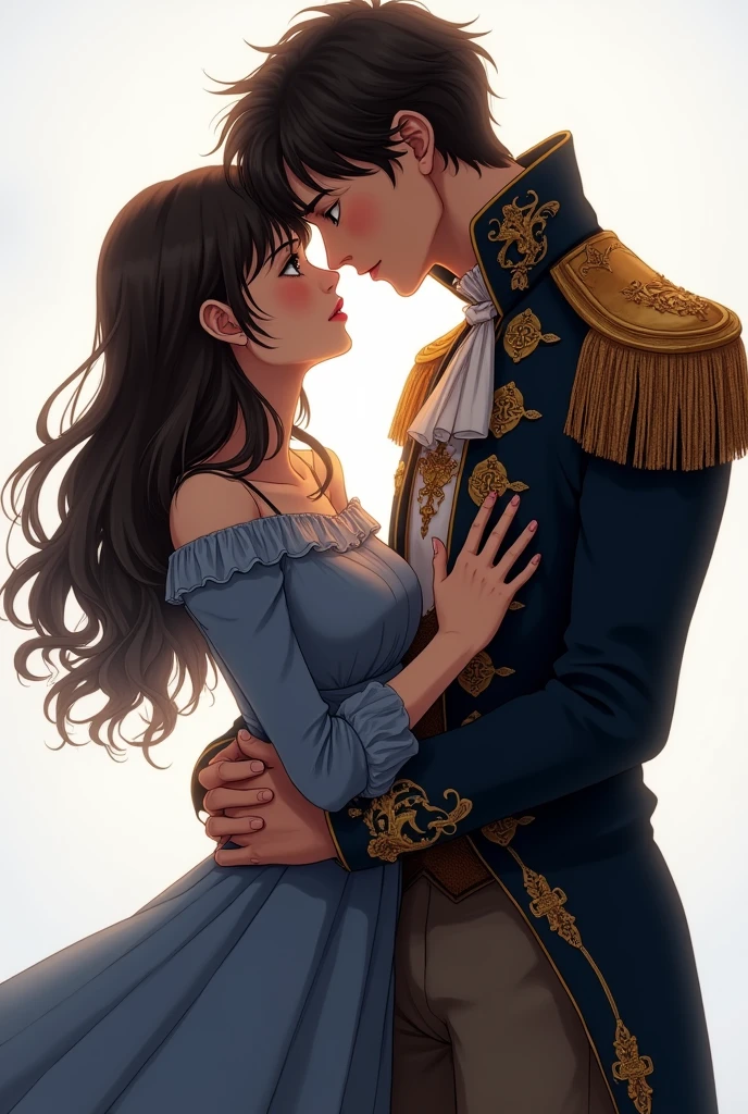 Create an image of two teenagers in love. Let the girl be of medium build., Dark brown hair and brunette with a blue and gray dress, boy and girl, she is darker, more dark and the boy is taller, he has a more pompous dress, much much more pompous, much, too pompous