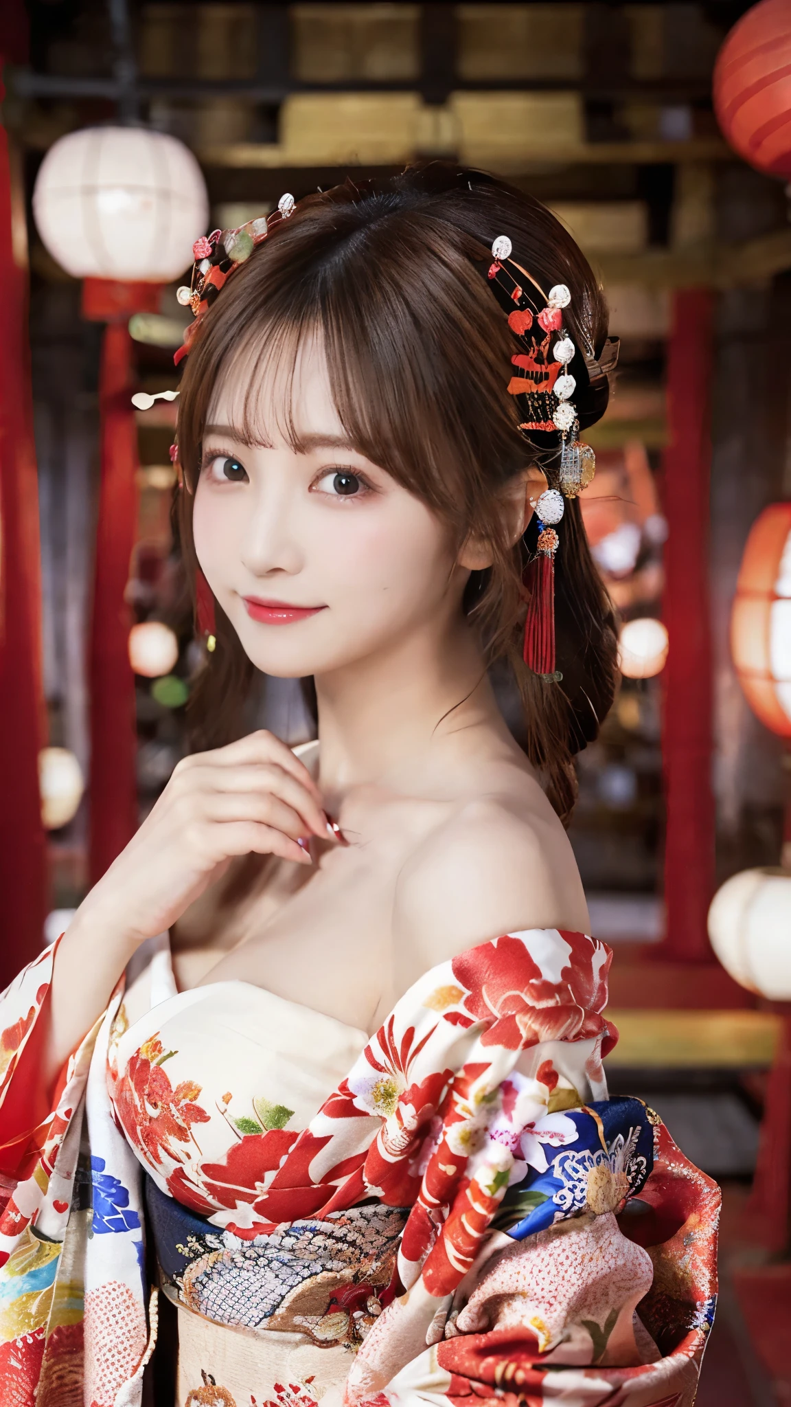 (Detailed skin:1.2),(Glowing Skin:1.1),8k,Highest quality, masterpiece, Ultra-high resolution,(Realistic:1.4), RAW Photos,(Soft Saturation:1.3),(Fair skin:1.2),Half Japanese Beauty,repair,20 years, Light brown hair, (Updo:1.2), Asymmetrical hair, (Pretty face:1.4), (Large Breasts, Tight waist), Beautiful lighting, (Sexy Oiran:1.2,),Highly detailed face, Highly detailed lips, fine grain, double eyelid, (Sharp focus: 1.2), (Perfect Anatomy),(Beautiful woman with perfect figure: 1.2)、Exposing cleavage、Random sexy poses,(Accentuate the lines of your legs:1.2)、kimono、Sharp eyes,魅惑的なsmile、Gorgeous hair ornament、Japanese style background、Perfect Fingers、smile