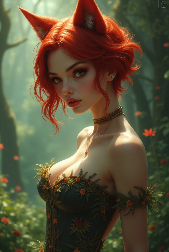 Red-haired woman with wolf ears and tail, with thin arms but with strength, with very short hair and clothes with a more forest atmosphere but a little sweeter