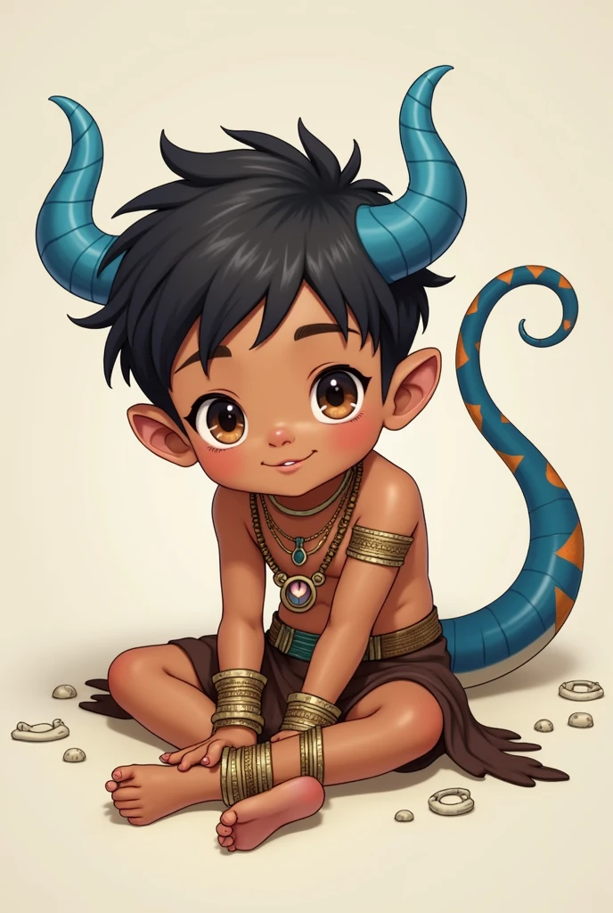short boy, delgado, blue snake tail, little blue horns, brown skin, and some multicoloured scales. short hair. anime style, cartoon style, Digital art, high detail face, tan lines. Clean and delicate face. Friendly face, whole body. lying on the floor, relaxed pose, laziness. tribal clothing, short skirt, bare legs, soft skin, bone ornaments, Gold bracelets and accessories, simple background.