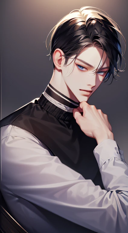 (best quality digital art digital illustration 4k high resolution beautiful image hyperdetailed image perfect lines dark lighting Wallpaper) (1:1 photorealistic) (neutral colors hdr 1.4) (anime style) an adult 2 man (expressionless perfect detailed face) medium black hair modern clothes dystopia, blue eyes