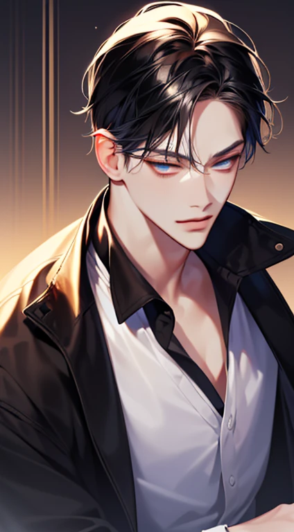 (best quality digital art digital illustration 4k high resolution beautiful image hyperdetailed image perfect lines dark lighting Wallpaper) (1:1 photorealistic) (neutral colors hdr 1.4) (anime style) an adult 2 man (expressionless perfect detailed face) medium black hair modern clothes dystopia, blue eyes