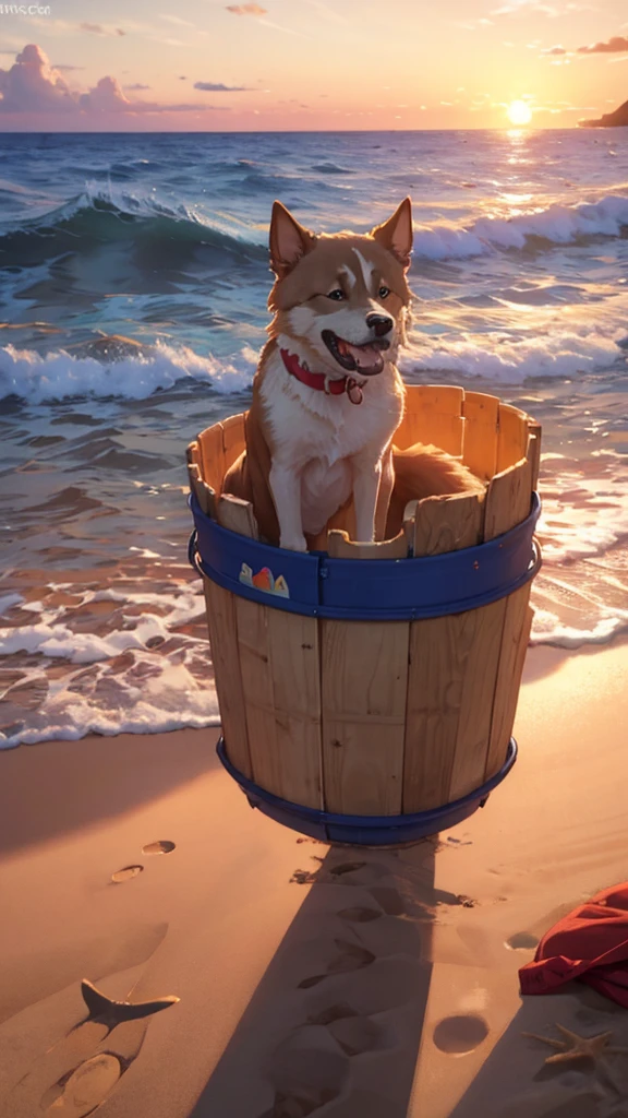 Dog, howling, beach, sunset, bucket, sand castle, waves
