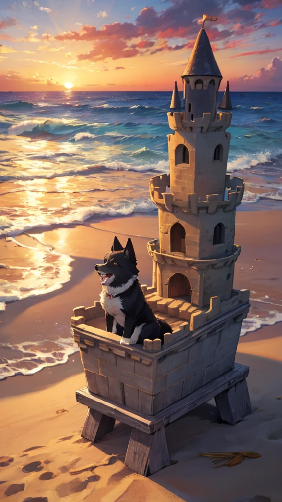 Dog, howling, beach, sunset, bucket, sand castle, waves