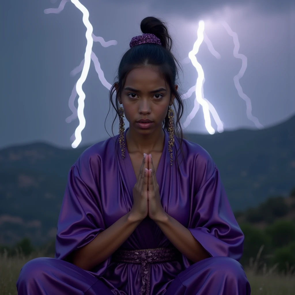 1 nubile light-skin Moroccan girl is praying and wearing a vivd glossy purple Jezebel in the bible harem regalia while extreme squatting, 3:4 full frontal body portrait, ((merge and use young faces of Alice Eve and Rila Fukushima into best 50/50 blend)), (eyes wide open, wide open eyes, blank stare, best detailed face, best lifelike face, best lifelike nose and eyes), Grecian upstyle hairstyle with high standing ponytail, pucker lips, pale snowy colored skin, huge hoop earrings, bodacious, playboy playmate archetype, perfect bikini body, (((massive breasts))), sweaty, show armpits, showing both armpits, cameltoe, underboobs, mindless facial expression, deeply hypnotized facial expression, deeply entranced facial expression, ((primeval backdrop with Intense lightning strikes and severe thunderstorms towering over misty mountains)), (RAW Photo, 12K, best quality, best masterpiece, hires, best realism, best photorealism, vivid colors and natural outdoor lighting)