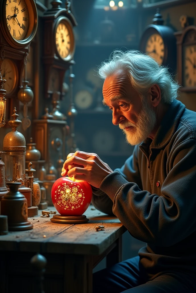 8k , masterpiece , realphoto , high resolution , break , As the night deepened, the small antique clock shop somewhere in the city was enveloped in silence. The elderly shopkeeper sat in front of his cluttered workbench, surrounded by scattered gears and screws, meticulously repairing an old pocket watch. The occasional ticking of the clocks filled the room, blurring the line between the shop and the outside world.
Suddenly, the shop's door creaked open. Though no one was supposed to be there, a gust of wind swept in, and an apple rolled across the floor. At first glance, it looked like an ordinary fruit, but the old man sensed something strange about it.
"This... is no ordinary apple," he muttered.
He carefully picked up the apple and examined its surface. Tiny, intricate patterns of clock gears were etched into the skin, as if the apple itself held control over the flow of time.
As the old man gazed at the apple, it began to slowly rotate. The rotation quickened, and soon the apple hovered in mid-air, filling the shop with the frenzied sound of spinning gears. The apple's surface split open, revealing a small pocket watch inside.
The watch, however, was not ticking forward; its hands were spinning backward. As the seconds rapidly reversed, the scene inside the shop began to rewind. The worn and aged objects in the room regained their former brilliance, the old man's own hands restoring the pocket watch to its original condition.
In that instant, the old man saw a younger version of himself—full of dreams and passion, untouched by time. But as he held the apple, it began to wither and blacken. The power to manipulate time had come at a cost; the apple was losing its vitality.
"This clockwork apple might symbolize the fleeting nature of time itself," the old man whispered.
He gently let go of the apple. It floated briefly before stopping its rotation, and the madness that had taken hold of time in the shop dissipated. The apple returned to its original form