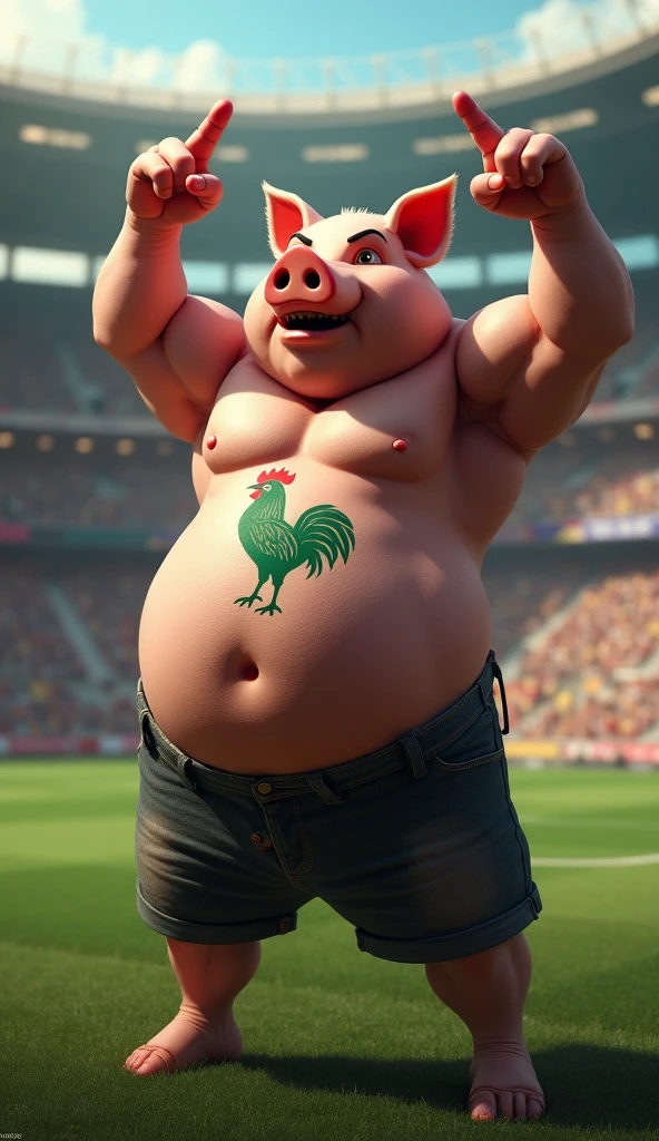 A muscular pig, with a defined gym belly, puffed out chest and no shirt, with a green rooster tattoo, crossing his arms above his head and pointing the middle finger of both hands, inside a soccer stadium