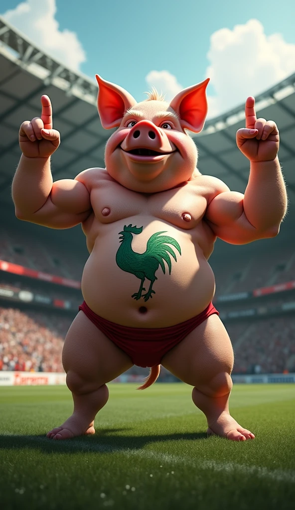 A muscular pig, with a defined gym belly, puffed out chest and no shirt, with a green rooster tattoo, crossing his arms above his head and pointing the middle finger of both hands, inside a soccer stadium