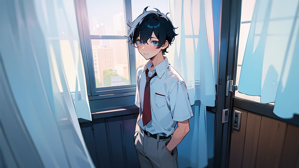 A very cool high school boy in a school uniform、blush、Black Hair、Blue sparkling eyes、Standing at the entrance to the classroom、White Curtains、One person、solo、Retro anime style