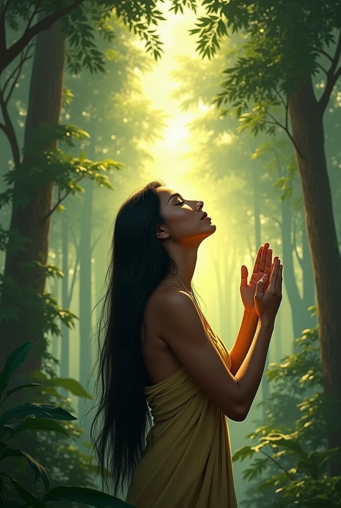 .. lara Asking for Help from the Spirits of the Forest • illustration Brazilian indigenous woman with straight hair with her eyes closed and her hands in prayer, surrounded by a magical aura. Ethereal elements or soft lights can represent