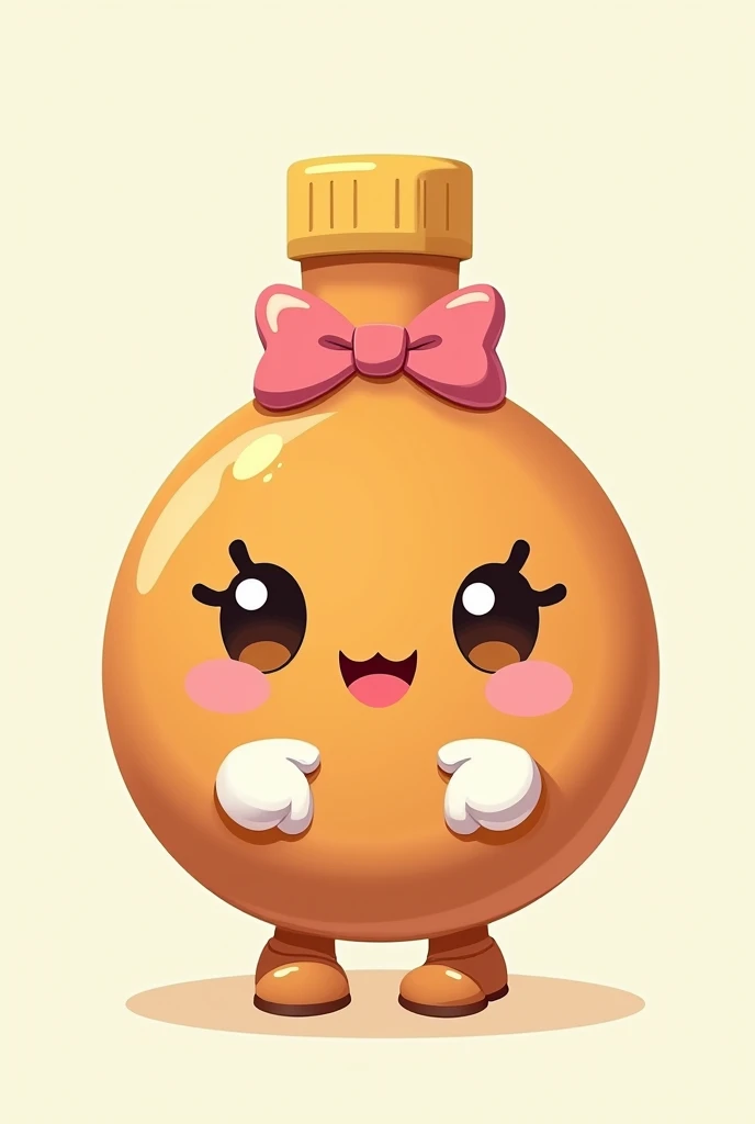 a maple syrup bottle character with a pink bow, big eyes, big eyelashes, with a round nose, big smile with teeth, arms with white gloves and legs with little shoes, 2D simple cartoon non tridimensional, non kawai, simple