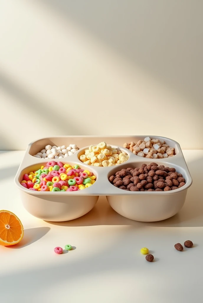 Large recyclable cereal container with three compartments with different cereals, froot loops, sugar cubes and choco krispi
