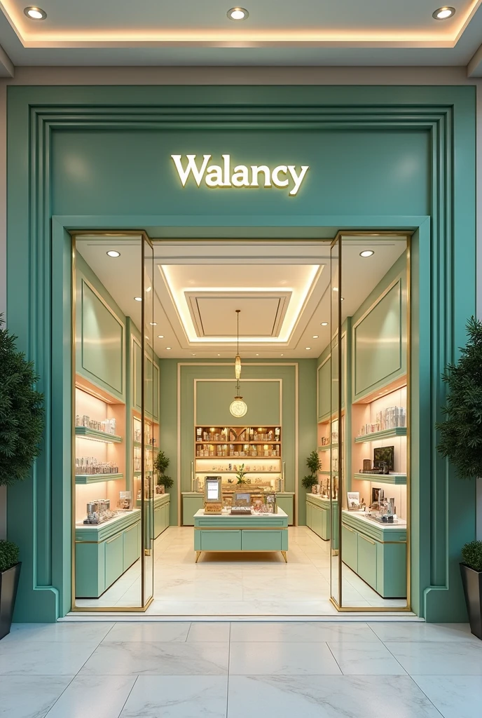 create the facade of a cosmetics store inside a shopping mall, for a brand called Walancy, in water green colors, white and gold