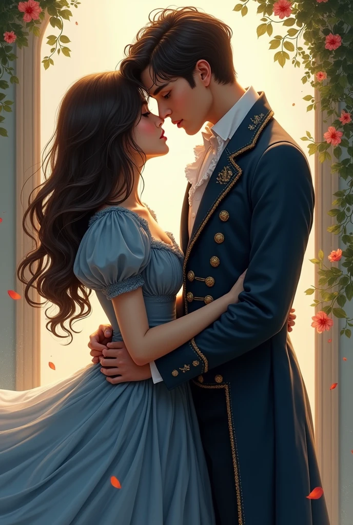 Create an image of two teenagers in love. Let the girl be of medium build., Dark brown hair and brunette with a blue and gray dress, boy and girl, she is darker, more dark and the boy is taller, he has a more pompous dress, much much more pompous, much, too pompous to show the full body