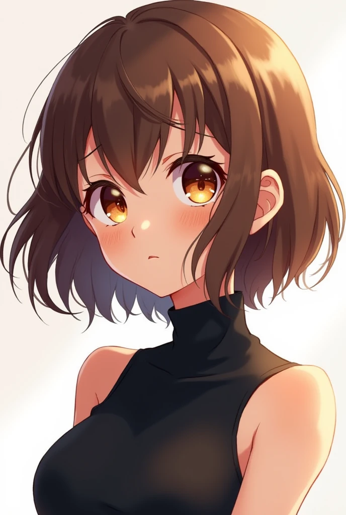 (boku no hero academia art style), (Horikoshi art style), 1 girl, short fluffy brown hair, hazel eyes, slightly tired eyes, soft face, black sleeveless turtleneck