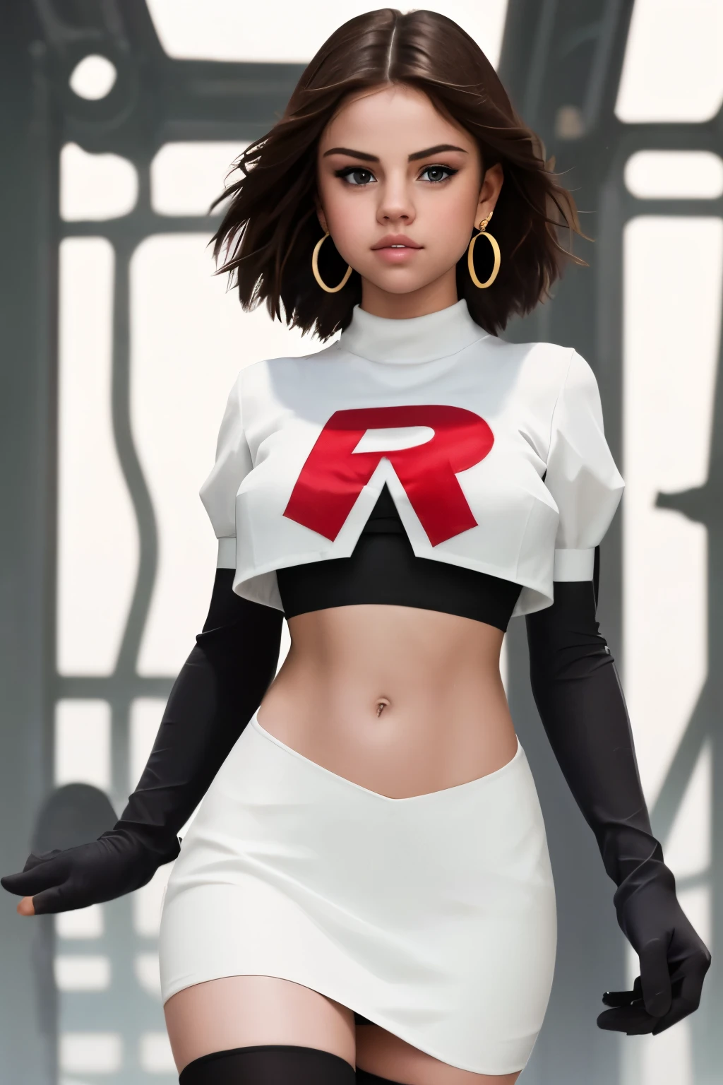 The face of Selena gomez, 1girl, solo, team rocket,team rocket uniform,white skirt,red letter R,crop top,black thigh-highs,black elbow gloves, earrings, large breasts, 