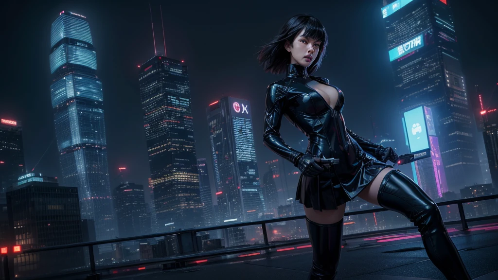 (Wide angle view). "ghost in the shell" film inspired futuristic Tokyo city, simple outlined neon tall buildings, (OLED holographic portrait on buildings), glowing giant clock tower, 1drone, lightning, 3D rendering Beeple. At night, (1girl, solo, alone), photorealistic, medium-breast slim:0.6 body, oval:0.5 face, cleavage:1.1, sexy costume with deep-v, low view pleated miniskirt, glove, (Matrix style black micro sunglasses), ((aiming viewer with a short gun)), (running pose), (half-body thigh level close-up shot), cinematic lighting, ray tracing.