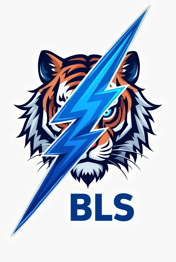 a blue and white lightning bolt logo, written BLS below, with the blue and white eyes of a tiger in the background