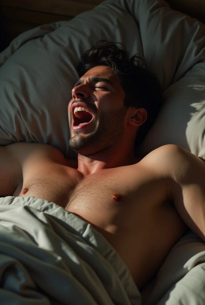 extremely quality photo, sharp focus, epic realism, realisitic, source_photo, proper alignment, adult man actor, 35 years, orgasmic climax, at bed
