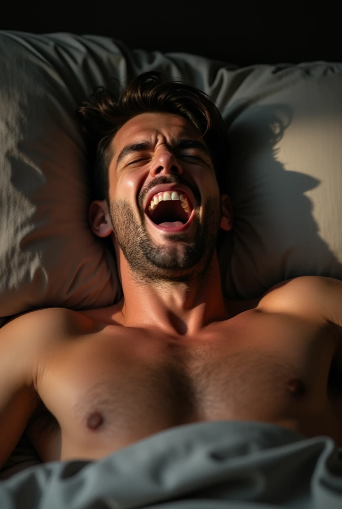 extremely quality photo, sharp focus, epic realism, realisitic, source_photo, proper alignment, adult man actor, 35 years, orgasmic climax, at bed