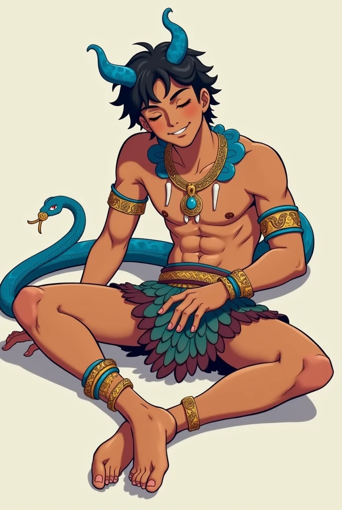 Young man under, delgado, blue snake tail, little blue horns, brown skin, and some multicoloured scales. short hair. anime style, cartoon style, Digital art, high detail face, tan lines. Clean and delicate face. Friendly face, whole body. lying on the floor, relaxed pose, laziness. tribal clothing, short skirt, bare legs, soft skin, bone ornaments, Gold bracelets and accessories, simple background.