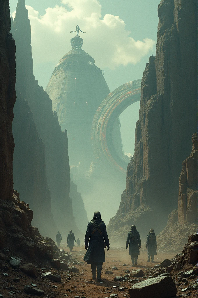 Chaotic scenario mixing archaic landscapes with futuristic technologies coming from space