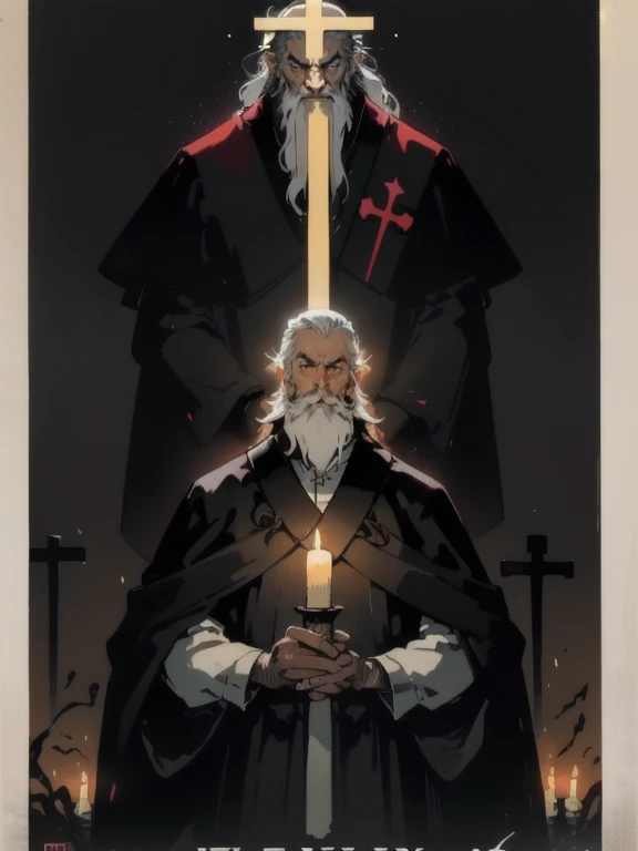 (masterpiece, Highest quality;1.3),(Movie Posters:1.2), 1 person, elder、beard、Priest,, Eyes wide open, expression stern、Hold the cross in your right hand and hold it in front of you, Candlelight, View your viewers, Calligraphy characters, Long Shadow, Dark Room,Symmetrical Configuration, Super detailed、8K
