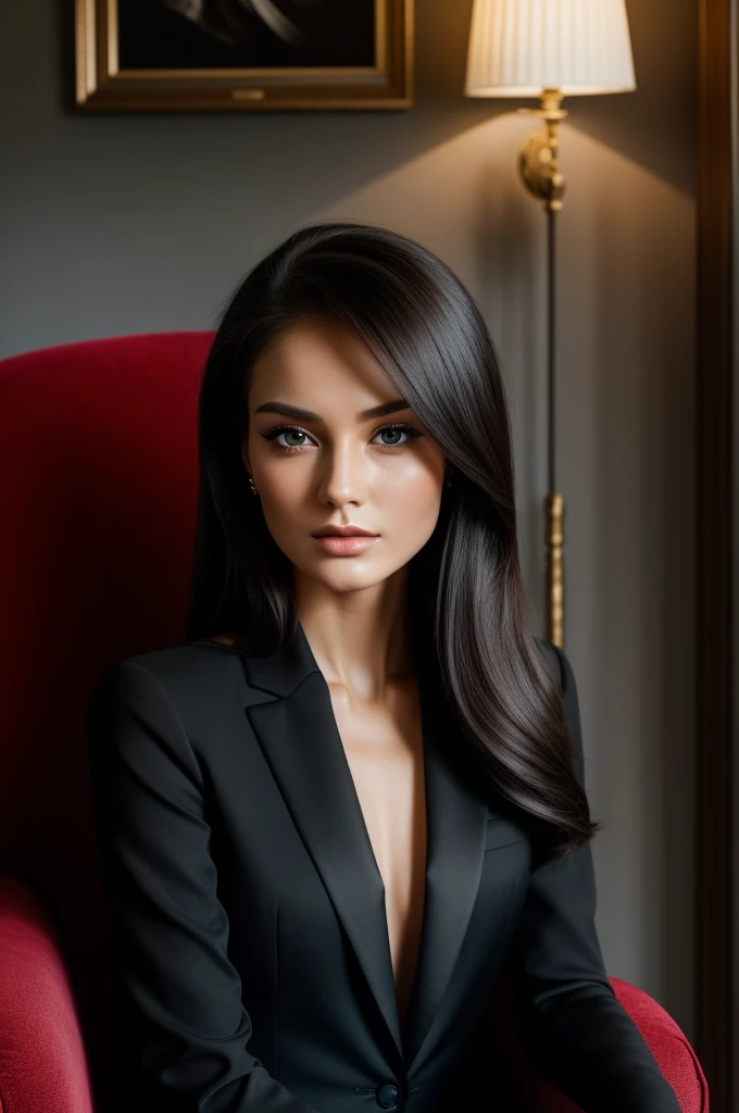 An elegant lady in a tailored black outfit, her face illuminated by the light, sitting in an armchair, Straight hair, seductive look, with serious expression, love counselor