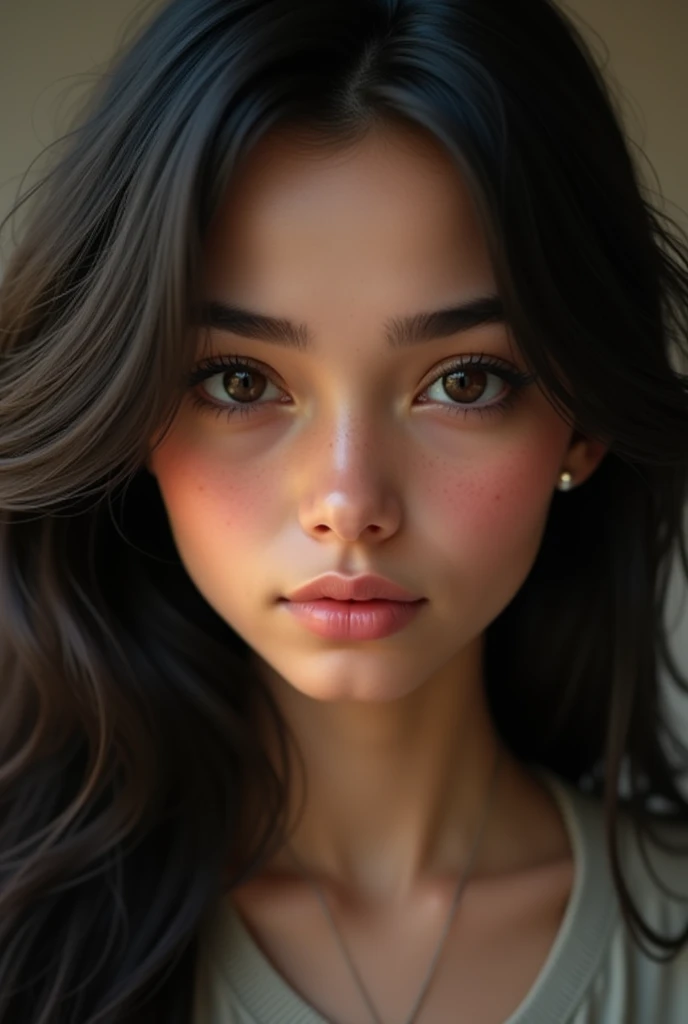 Teenager woman with long black hair, slim build, big eyes, thin lips, brunette that looks Mexican nose chueca