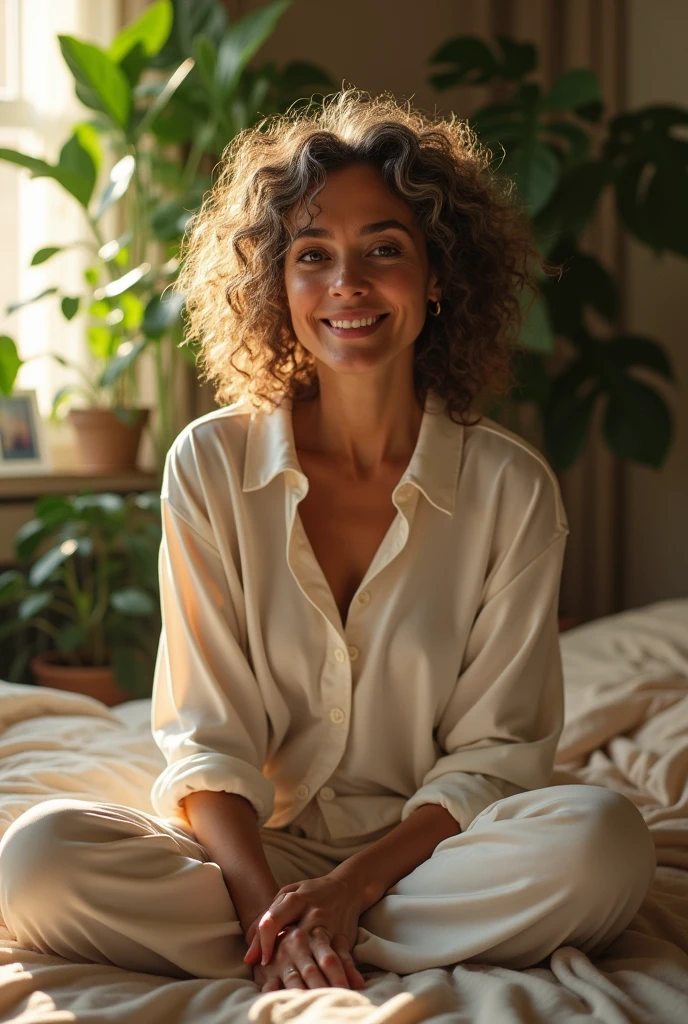 (photorealism: 1.2), beautiful woman 40 years old, sitting on bed, wearing a loose blouse, pajama pants, curly hair and few gray hairs, interior, soft lighting, plants in the background, window with sunlight, cozy room , relaxed pose, realistic and intricate details, warm colors, by Greg Rutkowski, by Alphonse Mucha