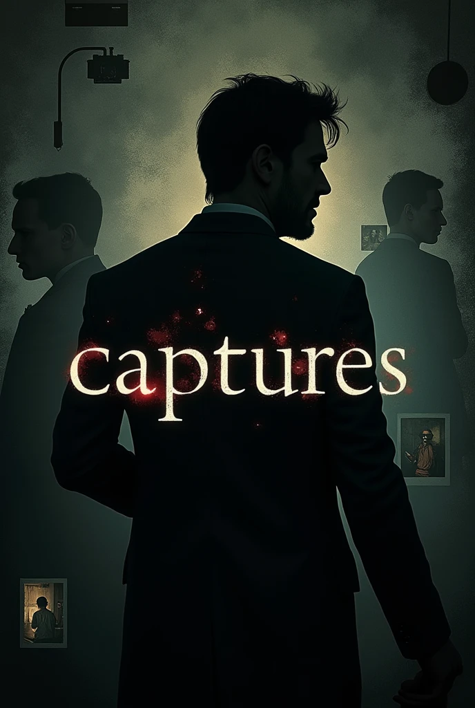 "Create a noir-style movie poster for a drama and suspense film about a photographer with violent tendencies who becomes obsessively fixated on a journalist. The poster should convey an intense and dark atmosphere, featuring the following elements:
Background: Use a dark background, such as black or deep gray, with a subtle gradient to add depth. Consider incorporating a texture or pattern that suggests shadows or darkness.
Title: At the top center, place the movie title in large, elegant serif typography, using white or light gray. The title should have a dramatic and bold presence.
Main Visual Elements:
Photographer's Camera: Feature an old-fashioned camera, either as a central element or subtly integrated into the background, to represent the photographer's obsession.
Silhouettes and Shadows: Include the shadowy silhouettes of a man (the photographer) and a woman (the journalist) to suggest their relationship. The photographer’s silhouette should appear menacing or tense.
Journalist's Image: Incorporate a partial image or faded portrait of the journalist, possibly looking distressed or in a vulnerable pose.
Text 'CAPTURES': Place the word 'CAPTURES' prominently in large, modern sans-serif typography at the bottom center. Use white with a subtle glow or shadow to ensure it stands out against the dark background.
Additional Details:
Obsession Elements: Add elements that suggest obsession, such as close-up images or framed photographs of the journalist scattered across the poster or as a background pattern.
Mysterious Atmosphere: Include dark, eerie elements like fog, dim light beams, or blurred images to enhance the suspenseful and unsettling mood.
Tagline/Subtitles: Below the title, add a tagline or subtitle in a smaller, slender typeface, using white or light gray. The text could hint at the tension or dramatic climax of the story.
Credits and Information: At the bottom of the poster, include production details, cast names, and other relevant information i