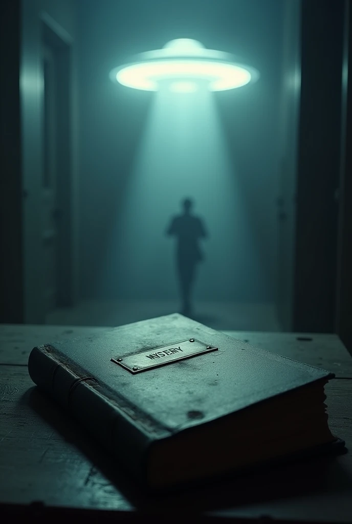 “A closed book or report with a 'Mystery' label and a silhouette of a UFO in the background, suggesting an open conclusion.”