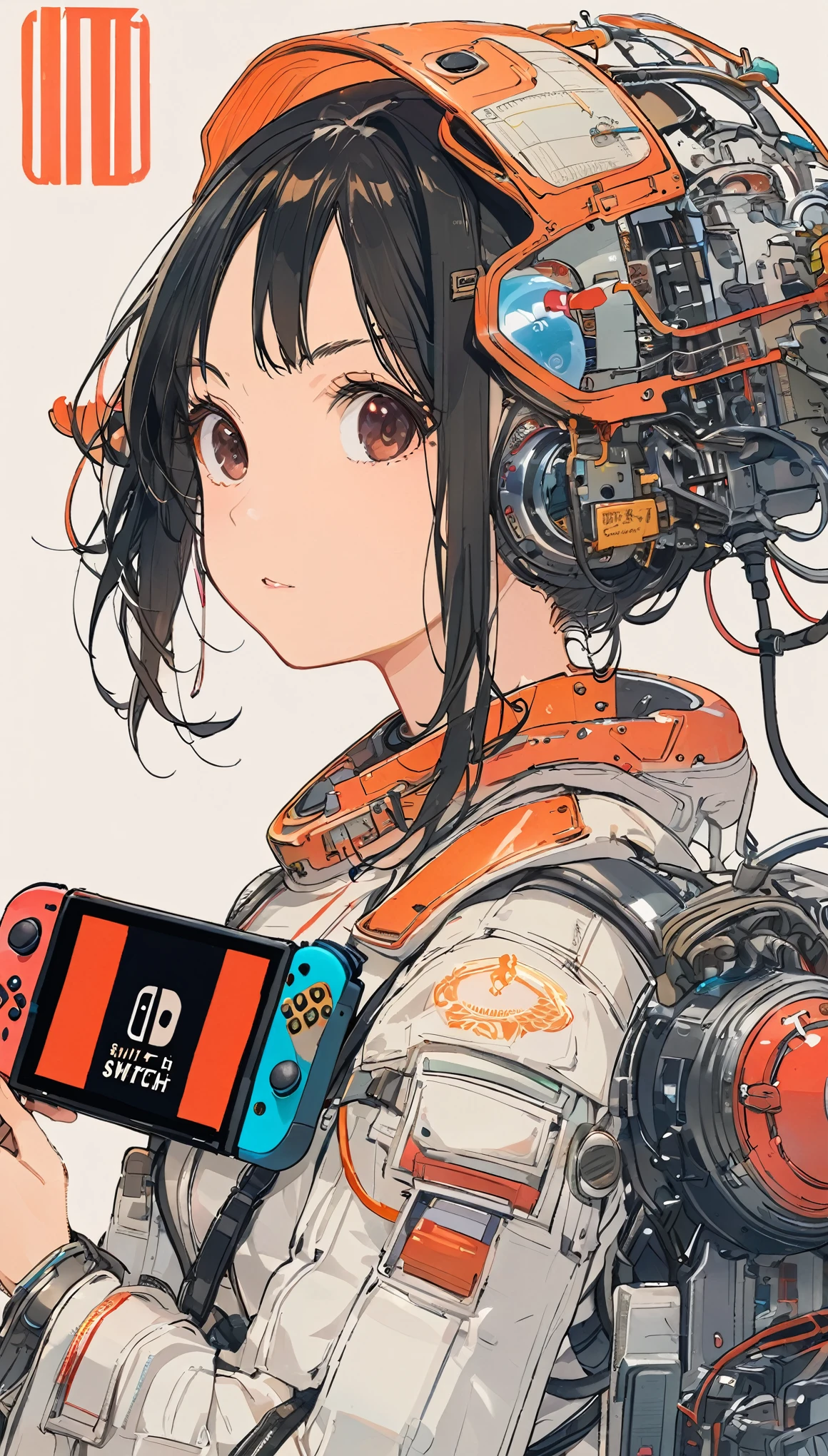 (Beautiful Japanese Women) (Hime cut) (Black Hair) (Dark brown eyes) (parts) (Playing on Nintendo Switch)、Upper Body、Spacesuit、Helmet、The Style of Kawanabe Kyosai