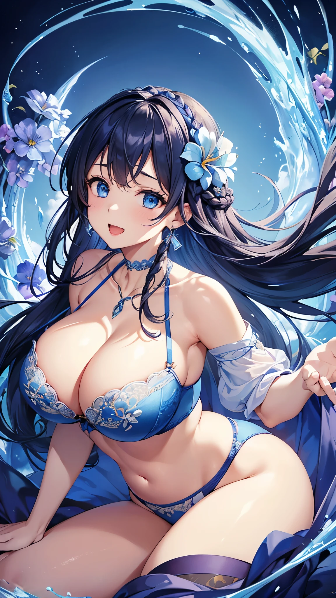 Highest quality、Highest quality、masterpiece、(8k resolution),beauty(Age 25)、(Mature Appearance)、Long Hair(Braiding of sides)、blue eyes、(Intricately embroidered underwear、bra)、Big cleavage、((Super big breasts))、Excited expression、blue necklace、Blue Earrings、background(flower)、Please open your mouth wide、Dynamic pose、Blue choker、