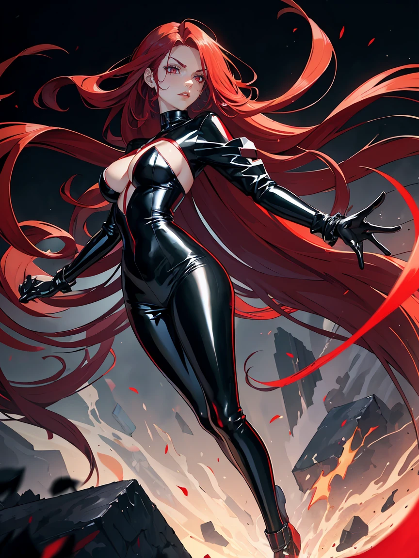 Long RED hair, crimson eyes, evil, sexy, black and red clothes, evil face, evil, serious look, gloss lips, sinister, front look, bloody, gloves, close up, portrait, beautiful eyes, big white, dark place, night, sensual, straight hair cut, clear skin, evil, young 30 years girl, adult girl, solo, red, very long hair, ankle length hair, handsome older WOMAN,crimson-eyes,crimson pupils,Long white hair,Hyperresolution,accuracy,Detailed rendering,(Image of fine hair)(topquality)(Masterpieces of masters)(High degree of completeness)(A sense of atmosphere)tmasterpiece,Super detailed and super detailed(((full-body)))(((Sexy black loose latex outfit)))(((Soft expression)))